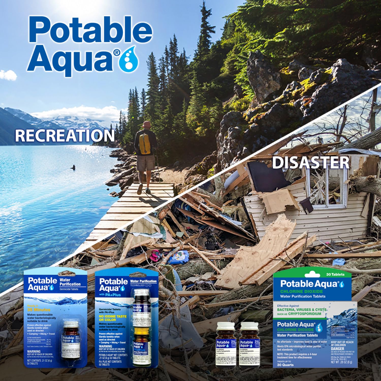 Potable Aqua Water Purification Tablets with PA Plus, Portable and Effective Water Purification Solution for Camping, Hiking, Emergencies, Natural Disasters and International Travel, Two 56ct Bottles