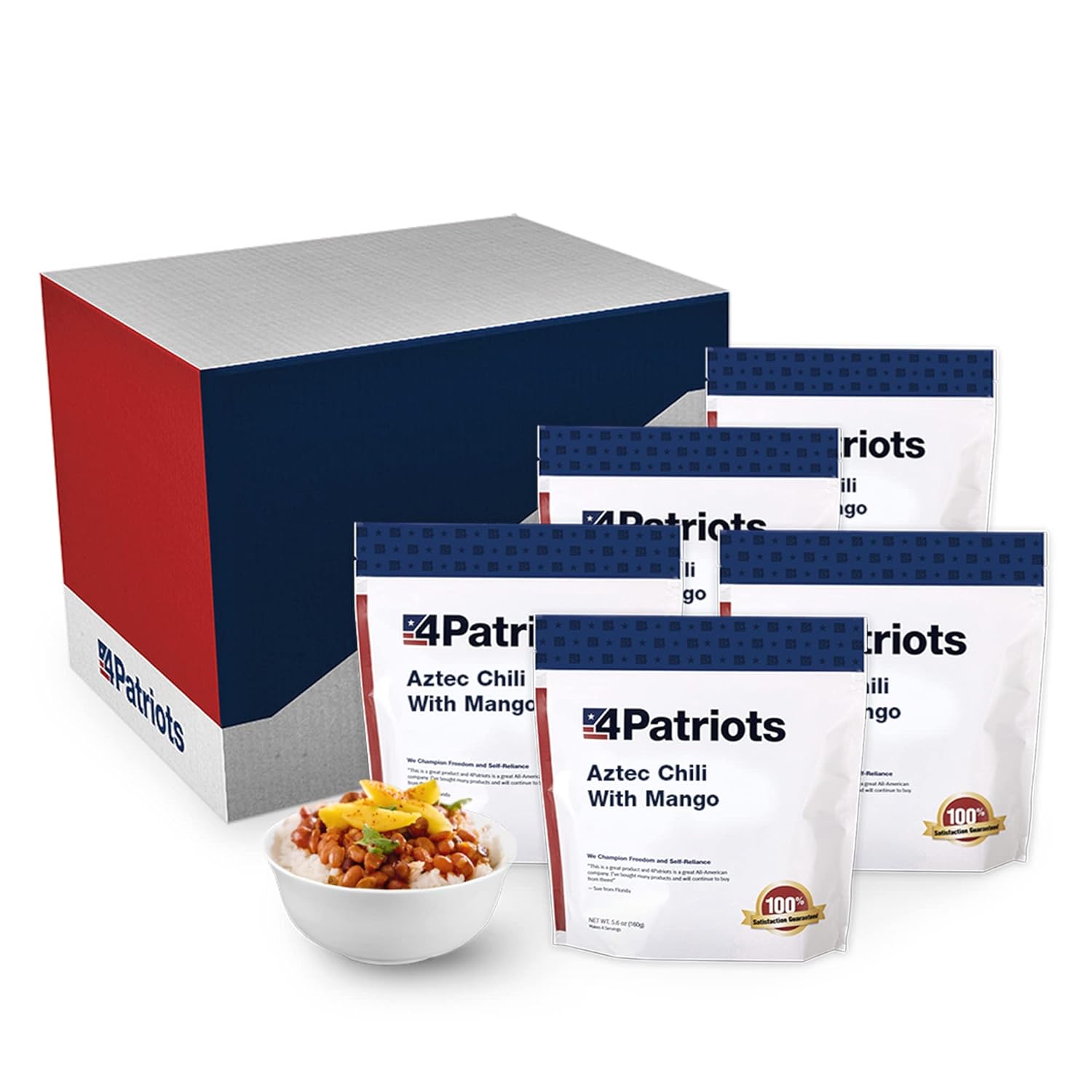 4Patriots Aztec Chili with Mango Survival Food Kit, Emergency Food Supply, Freeze-Dried Chili, Hearty Beans, Designed To Last 25 Years, Disaster-Resistant Packaging, 40 Mouth-Watering Servings