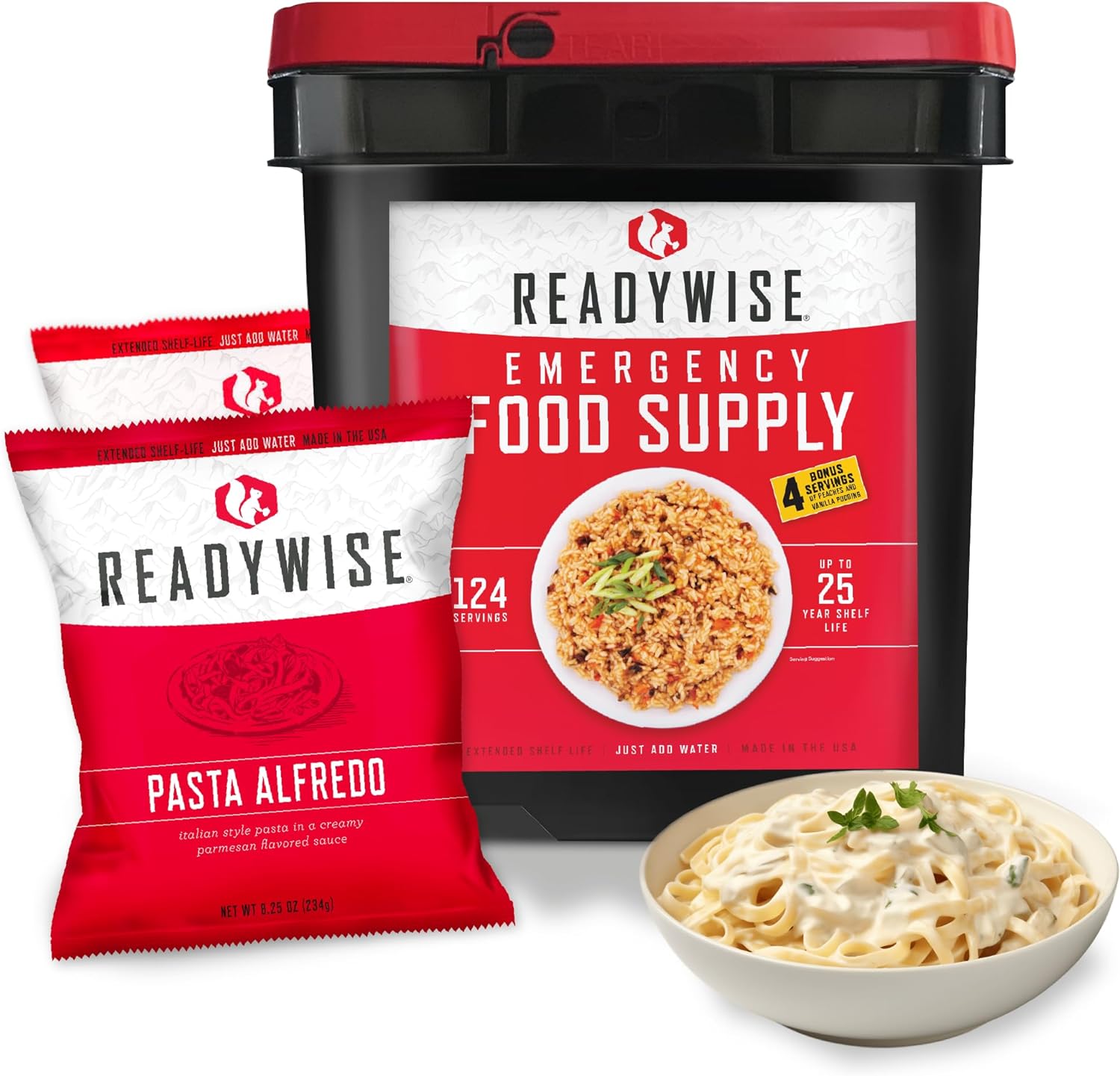 READYWISE - Emergency Food Supply, 124 Servings, 1 Bucket, Freeze-Dried, MRE, Pre-made, Survival and Adventure Essentials for Camping, Hiking  Emergencies, Individually Packaged, 25-Year Shelf Life