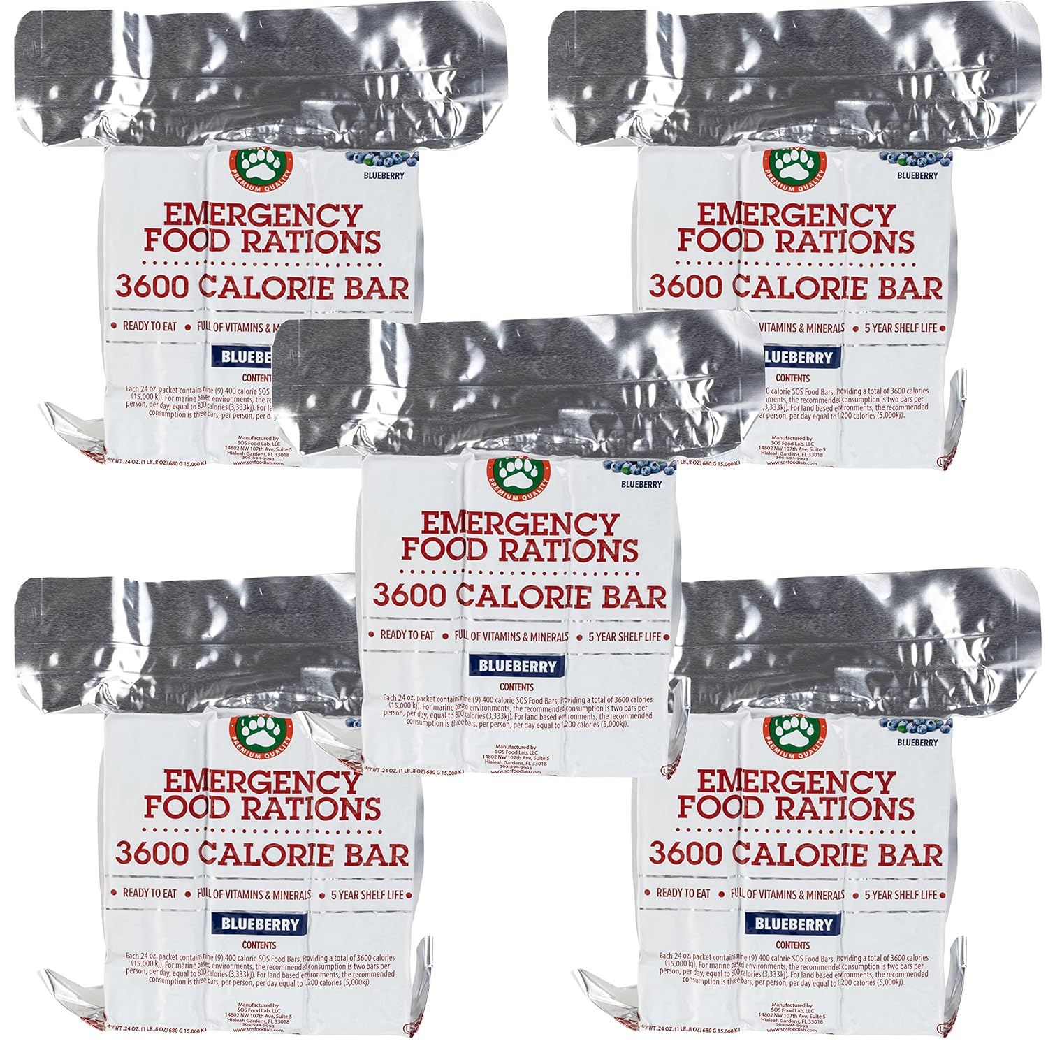 Grizzly Gear Emergency Food Rations- 3600 Calorie Blueberry Bar - 3 Day, 72 Hour Supply For Disaster, Hurricane, Flood Preparedness - Less Sugar, More Nutrients Than Leading Brands - 5 Year Shelf Life