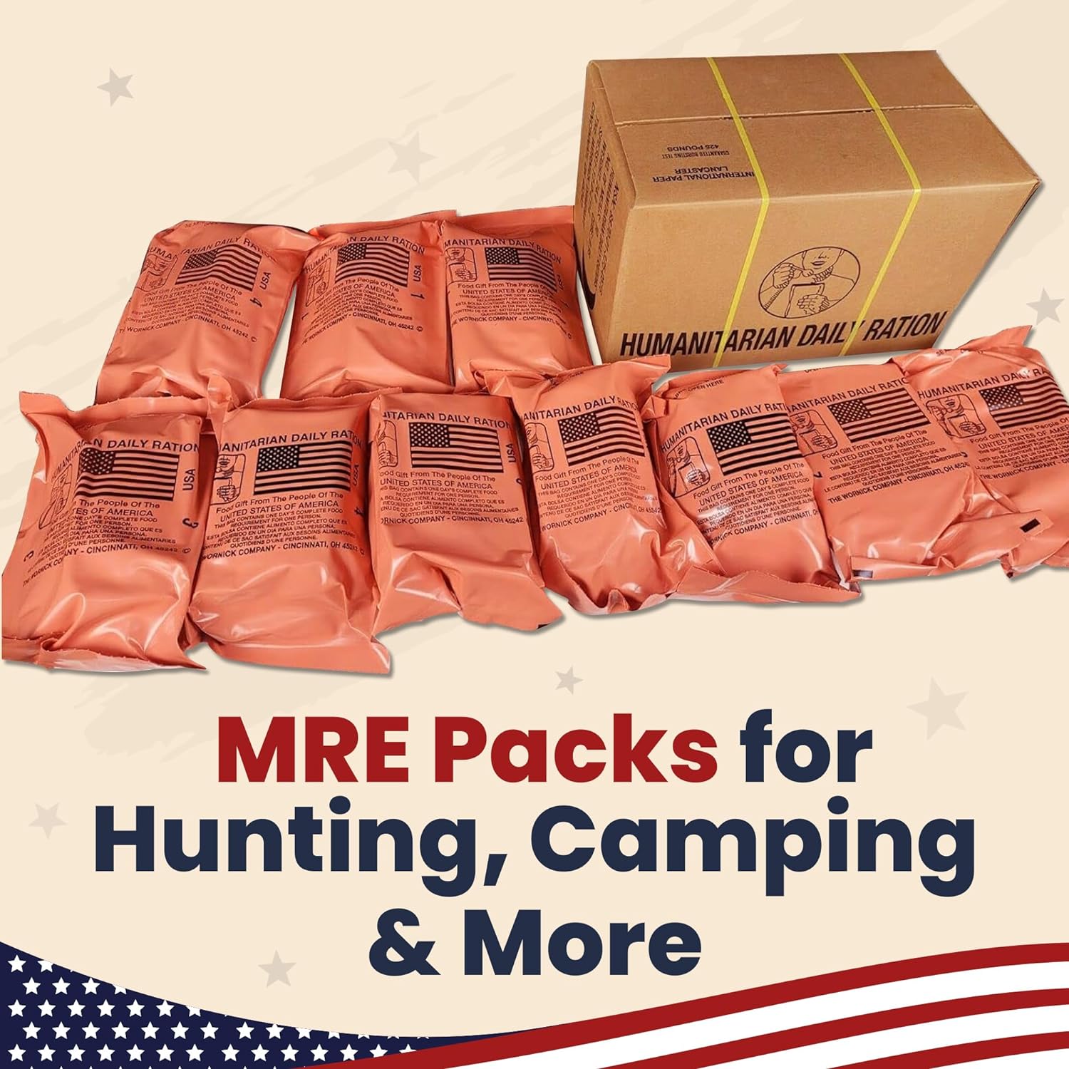 Humanitarian Daily Ration MRE Case – 5 US FEMA Emergency rations MRE Varieties - Low Sodium Pre cooked w/Entree, Side Dishes for Hunting, Camping  More, 10 pack, Inspection Date 1/2024 or Better.