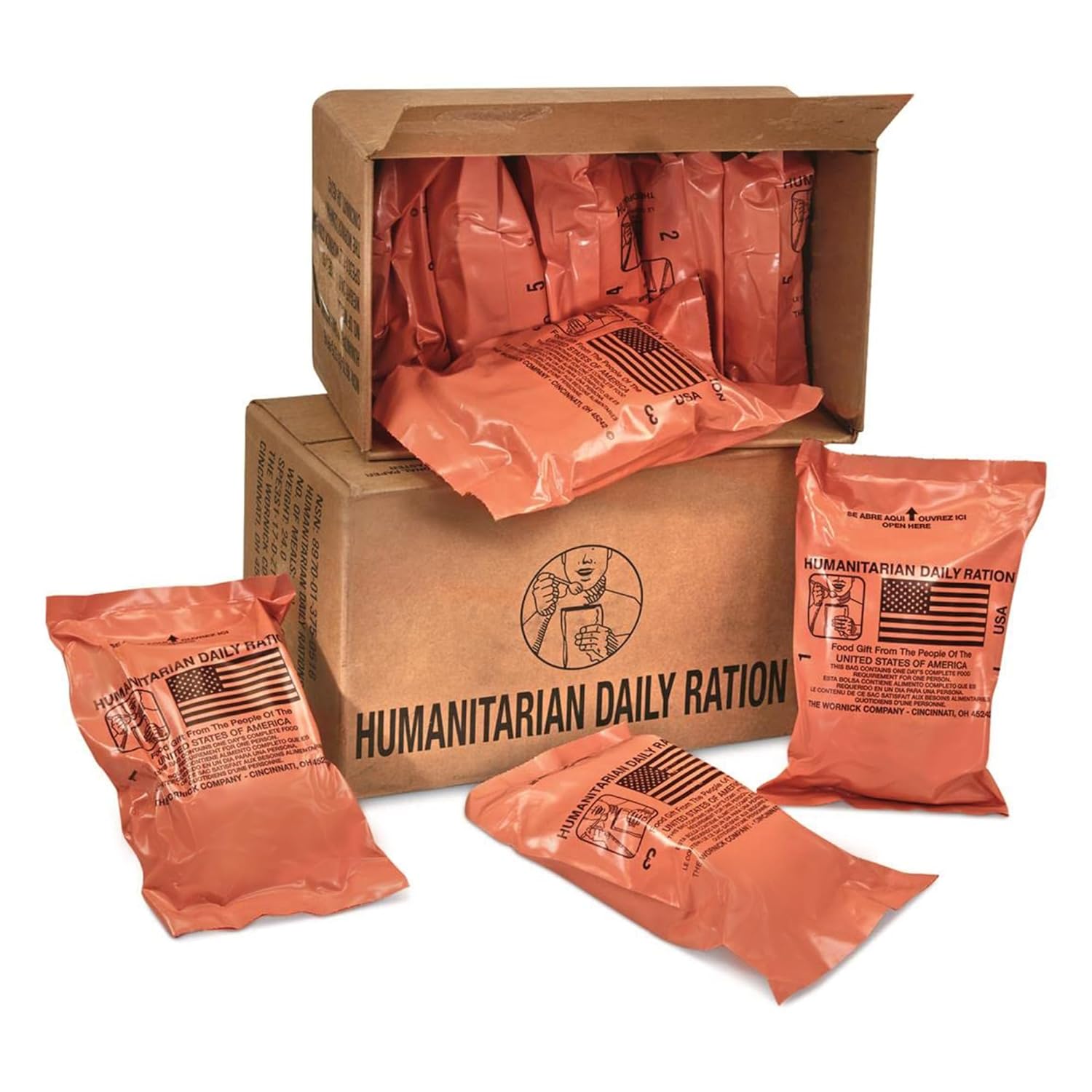 Humanitarian Daily Ration MRE Case – 5 US FEMA Emergency rations MRE Varieties - Low Sodium Pre cooked w/Entree, Side Dishes for Hunting, Camping  More, 10 pack, Inspection Date 1/2024 or Better.
