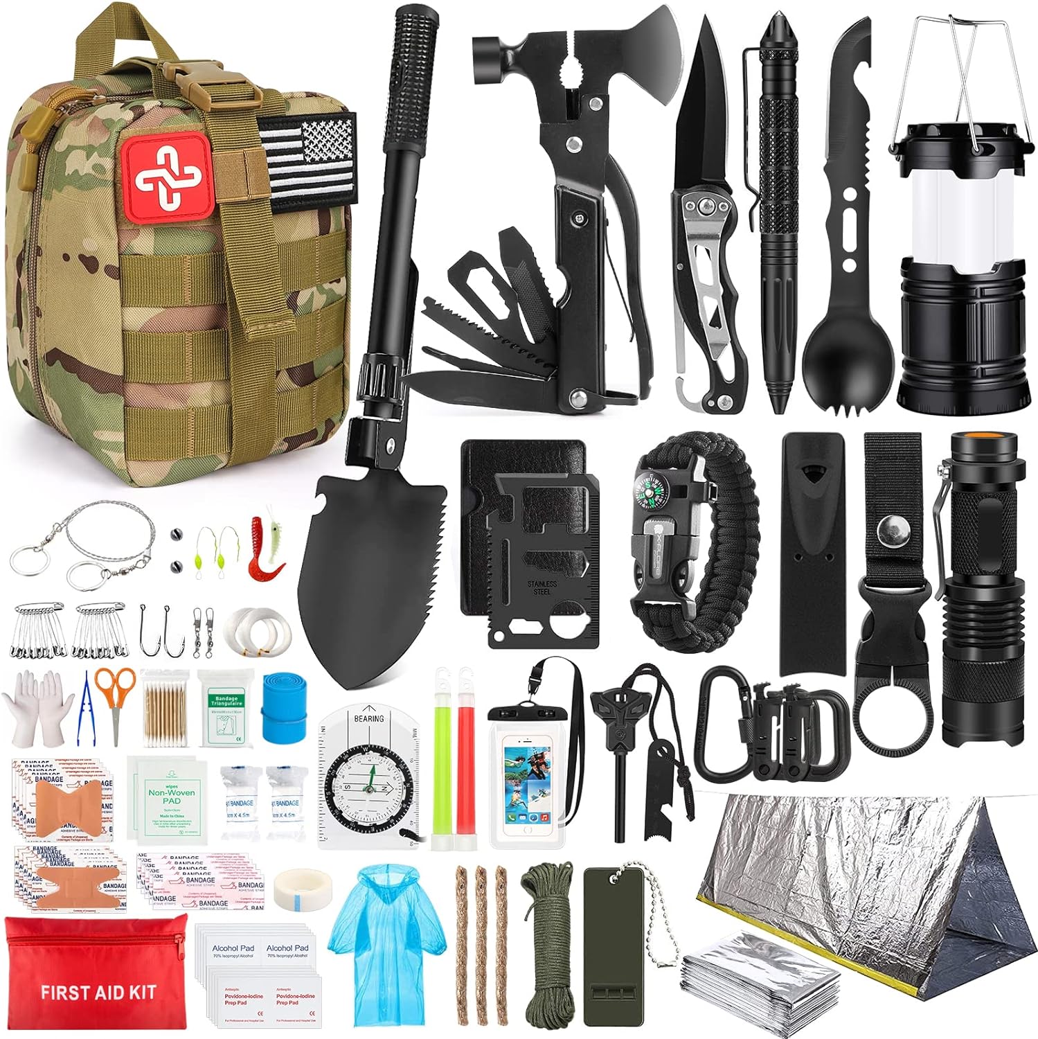 Survival Kit, 250Pcs Survival Gear First Aid Kit with Molle System Compatible Bag and Emergency Tent, Emergency Kit for Earthquake, Outdoor Adventure, Hiking, Hunting, Gifts for Men Women