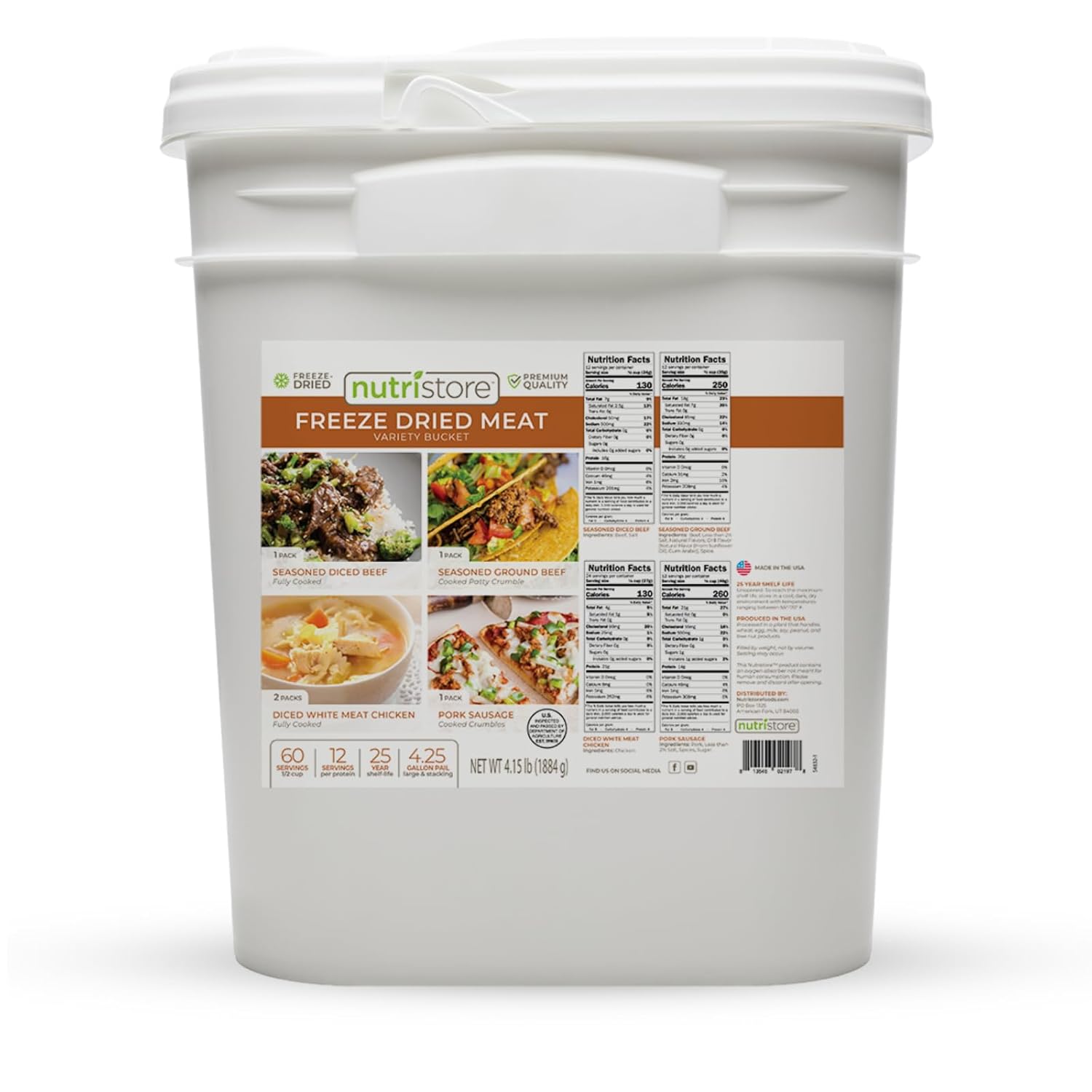 Nutristore Emergency Buckets | Premium Freeze-Dried Meats | 25-Year Shelf Life | Made in USA | Emergency Survival Food Supply | 60 Large Servings