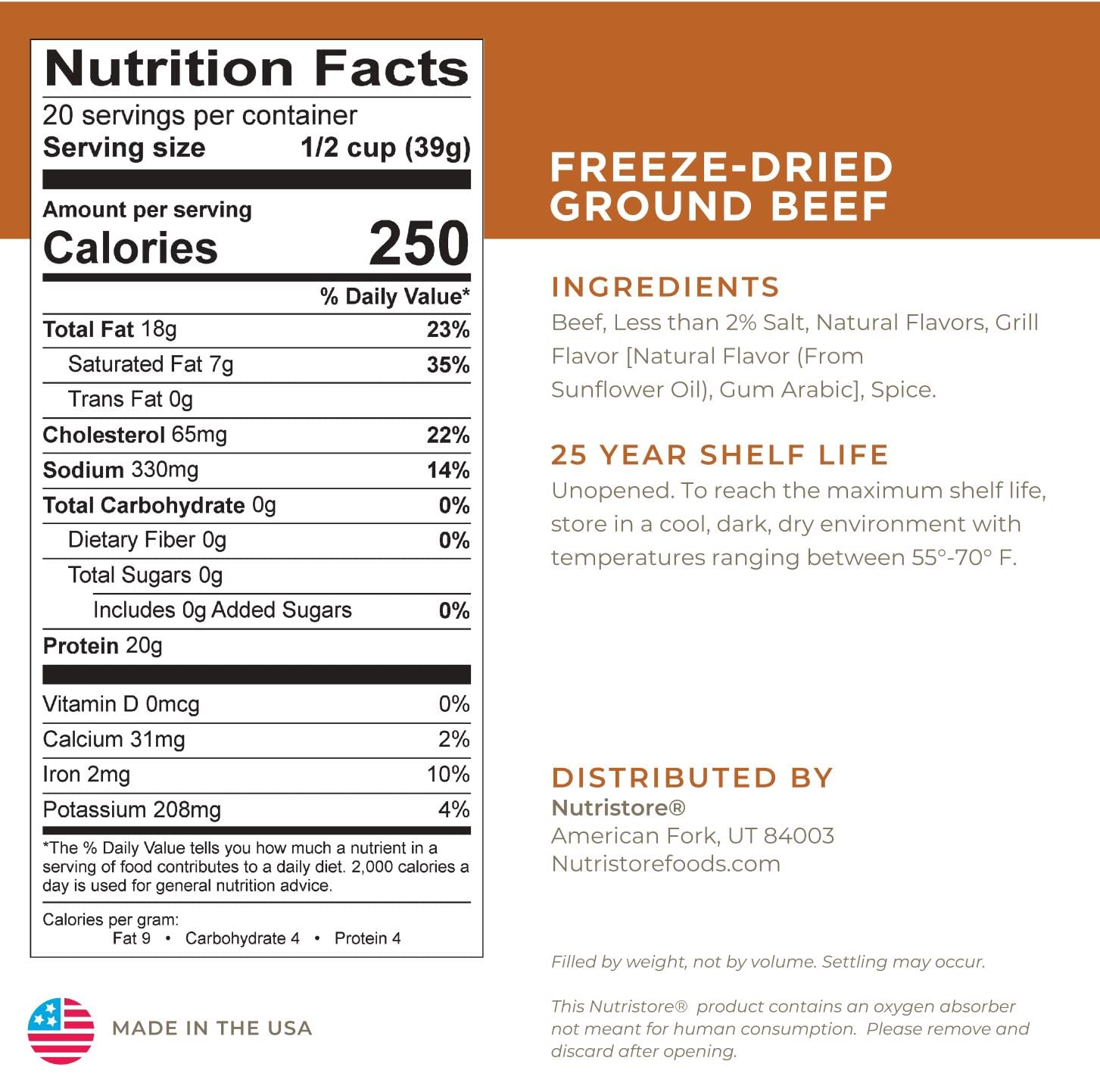 Nutristore Freeze Dried Ground Beef | Pre-Cooked Hamburger Meat for Backpacking, Camping, Meal Prep | Long Term Survival Emergency Food Supply | 25 Year Shelf Life | Bulk #10 Can | Made in USA