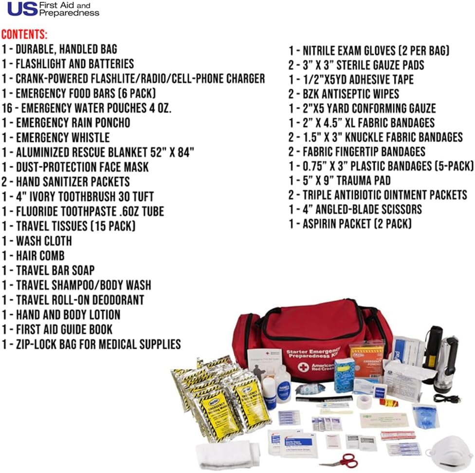 American Red Cross Officially Licensed Product, First Aid Concepts Basic Emergency Preparedness Starter Kit, 12 Hour Survival Supplies for 1 Person, Water, Phone Charger, Blanket, Food