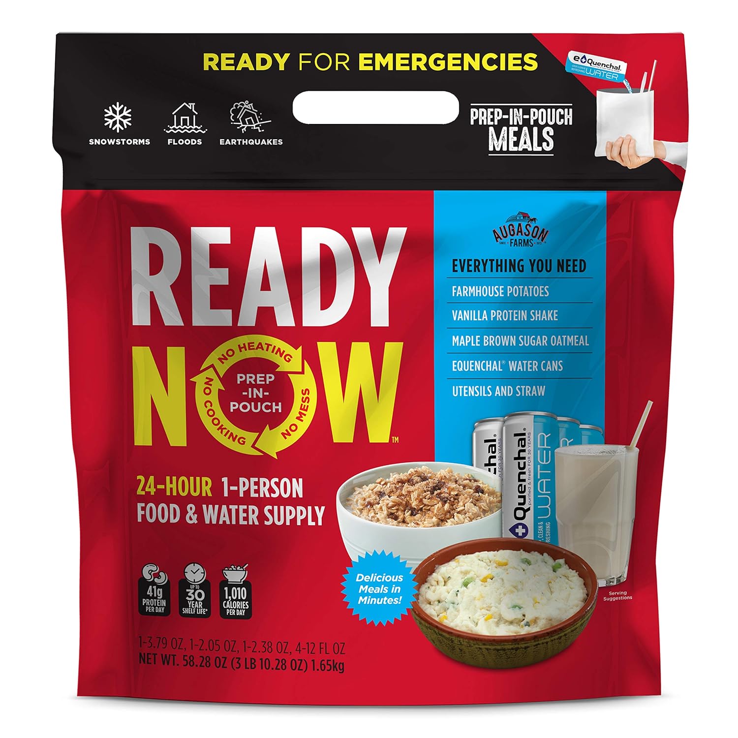 Augason Farms Ready Now Emergency Food Supply with Farmhouse Potatoes | Includes Emergency Water and Utensils | Prep-in-Pouch Meals | Camping Mess Kit | 25-Year Shelf Life