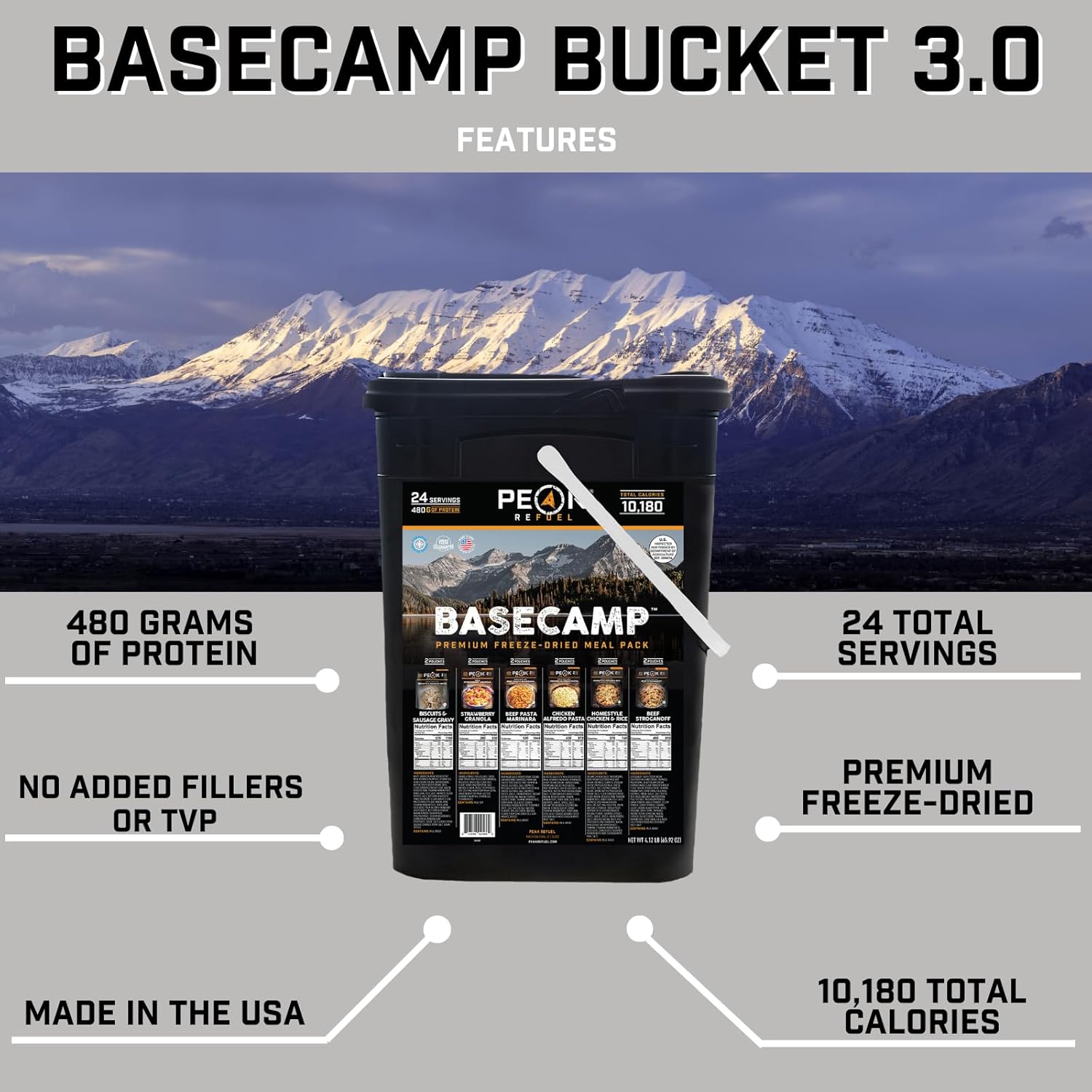 Peak Refuel Basecamp Bucket 3.0 | 480g Protein | 10180 Calories | 100% Real Meat | Premium Freeze Dried Backpacking  Camping Food | 24 Servings | Ideal MRE Survival Meal