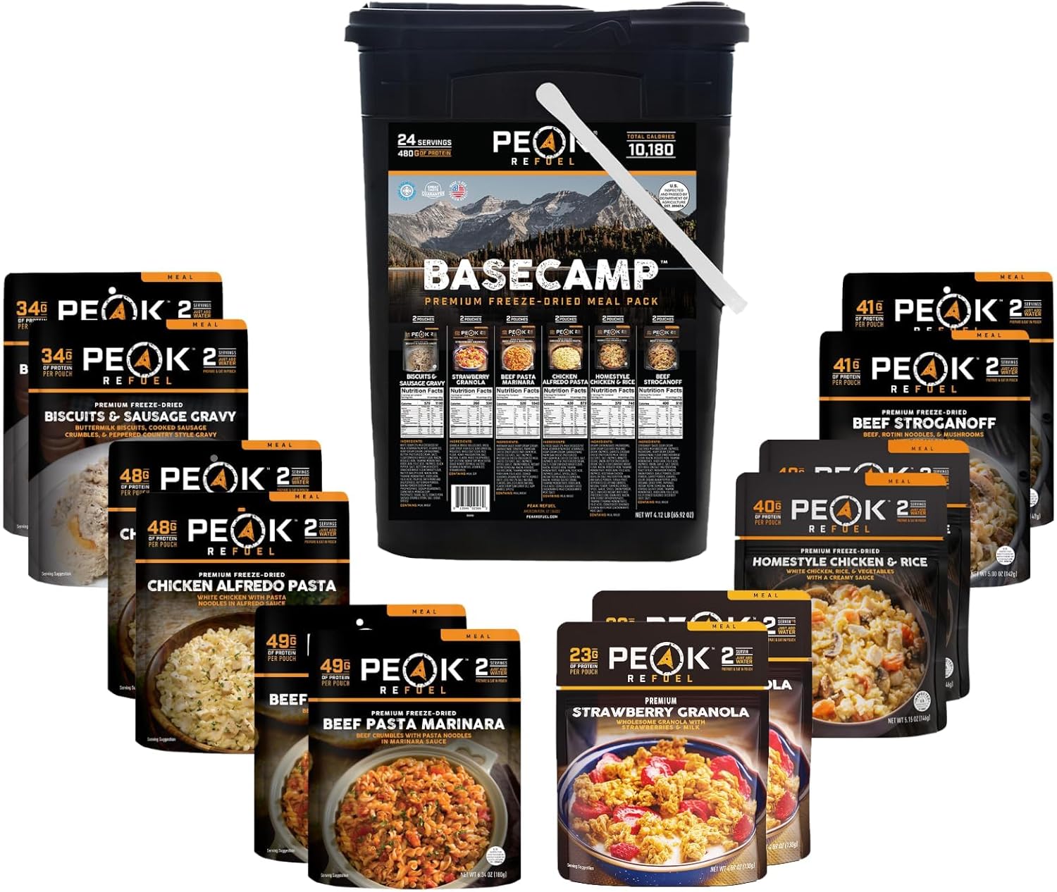 Peak Refuel Basecamp Bucket 3.0 | 480g Protein | 10180 Calories | 100% Real Meat | Premium Freeze Dried Backpacking  Camping Food | 24 Servings | Ideal MRE Survival Meal