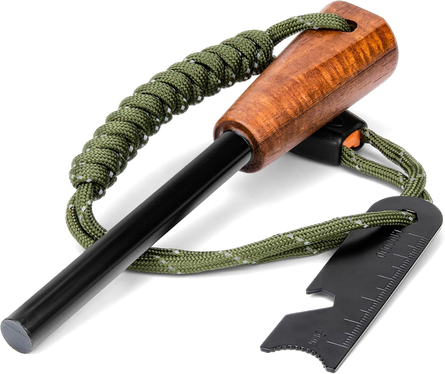 Fire Starter Survival Tool - Handmade Wooden Handle 3/8 Thick Ferro Rod with Striker and Umbrella Rope Waterproof Iron Rod Flint and Steel Fire Starter Kit