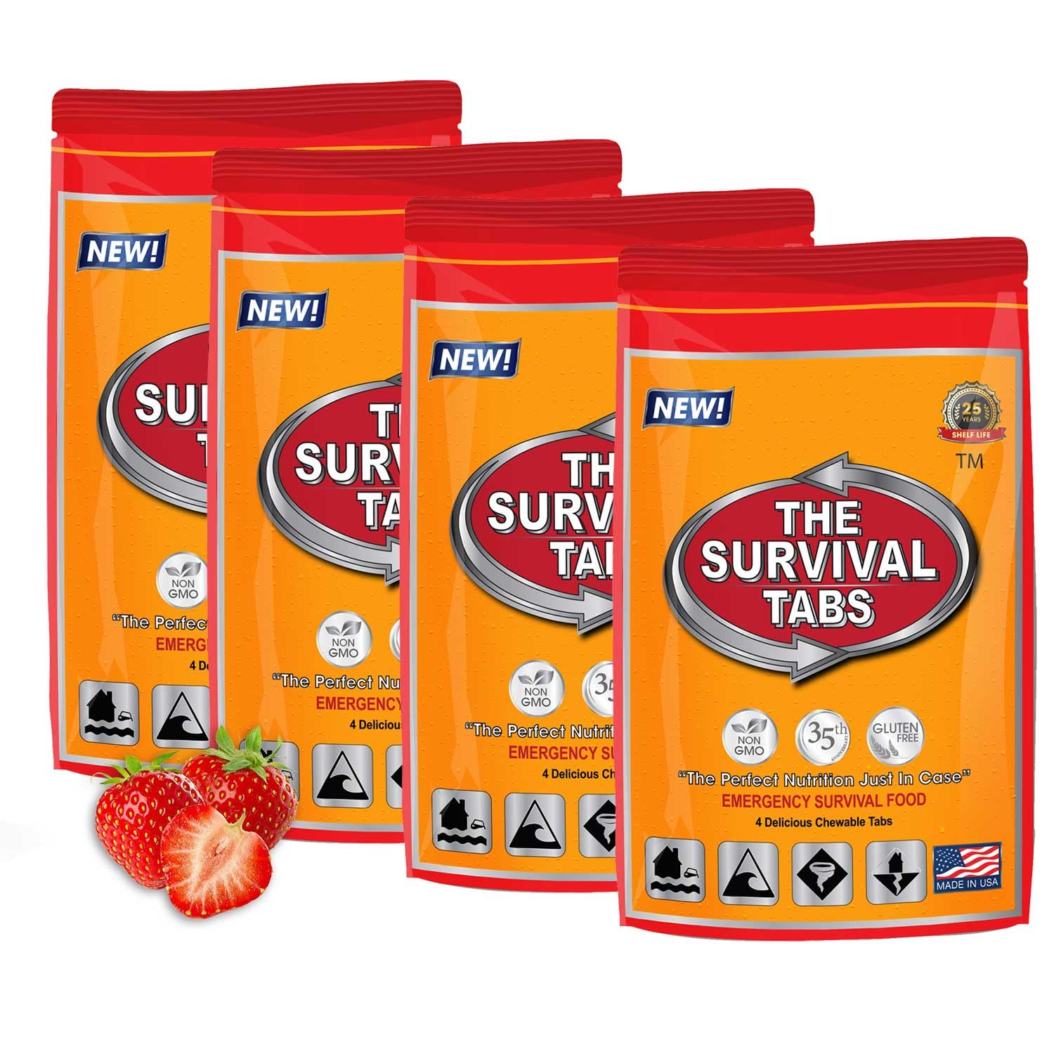 THE SURVIVAL TABS 4-Day emergency food supplies 48 Tabs Emergency Food Replacement Disaster Preparedness food rations family emergency meals Gluten Free  Non-GMO 25 Years Shelf Life Long Term Food Storage Strawberry Flavor survival food kits