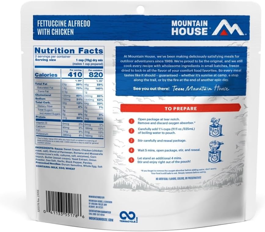 Mountain House Fettuccine Alfredo with Chicken | Freeze Dried Backpacking  Camping Food | 2-Servings