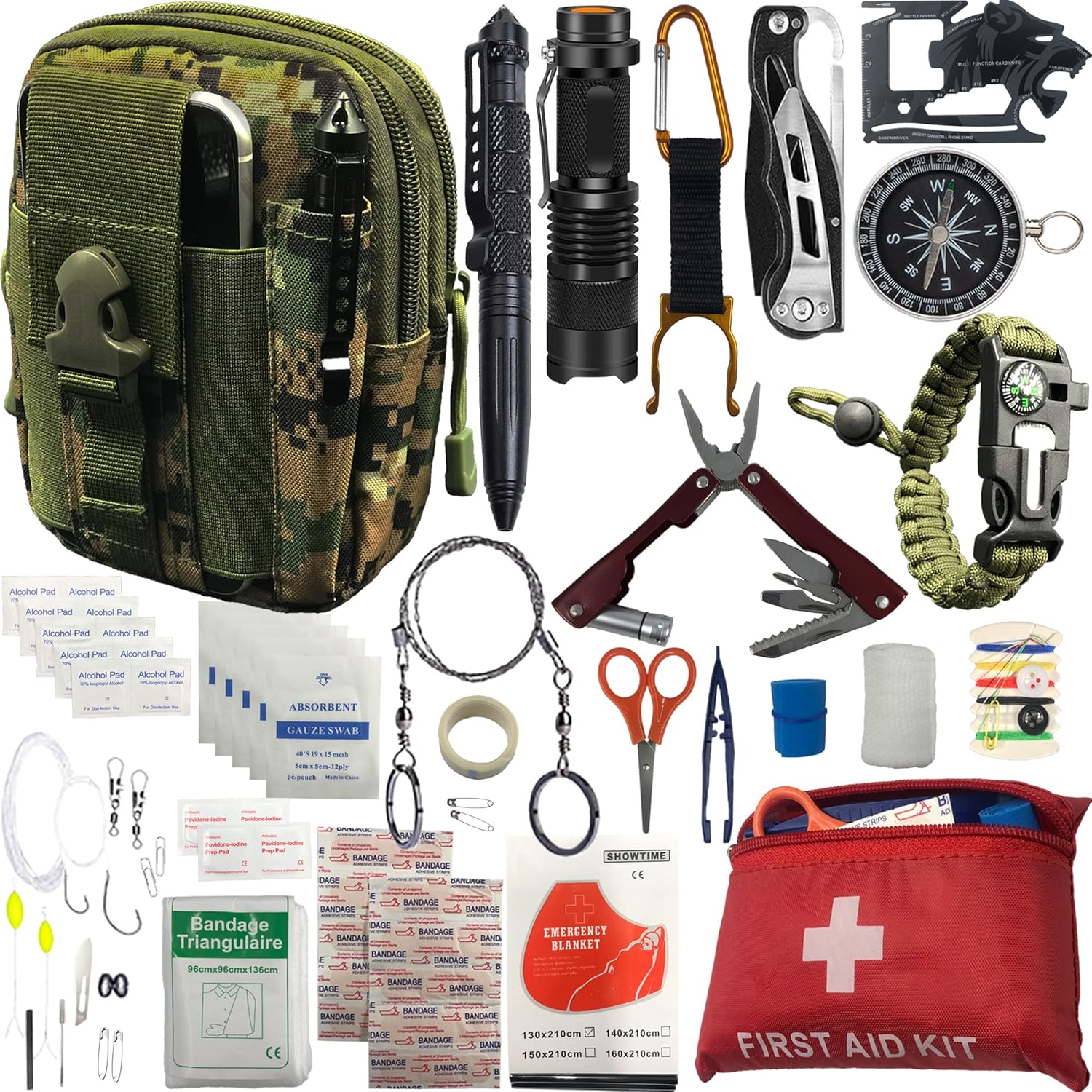 Survival Kit Emergency Supplies -67 Pcs, 14-in-1 Survival Gear: First Aid, Compass, Flashlight, Bracelet, plier, Saw  More for Outdoor Camping, Hiking  Survival. Gift for Men Boyfriends Boys Dads