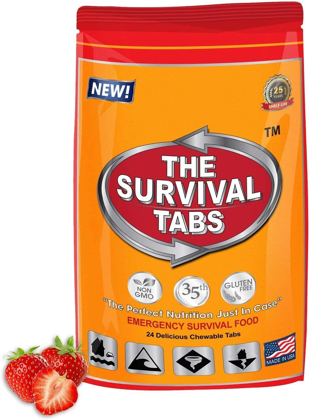 Survival Tabs 2 Day 24 Tabs Emergency Food Survival Food Meal Replacement MREs Gluten Free and Non-GMO 25 Years Shelf Life Long Term Food Storage - Strawberry Flavor