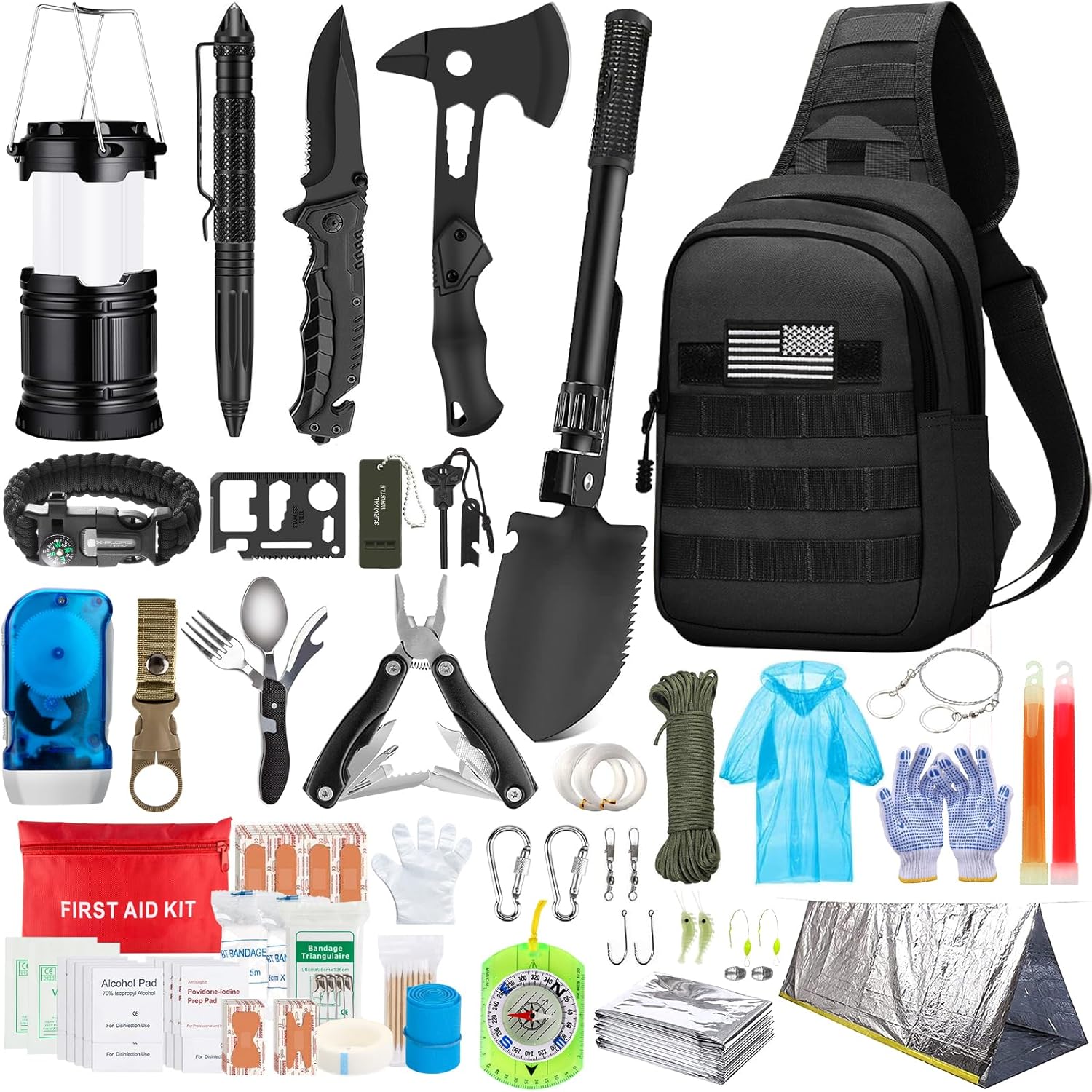 Emergency Survival Kit, 151 Pcs Survival Gear First Aid Kit, Outdoor Trauma Bag with Tactical Flashlight Knife Pliers Pen Blanket Bracelets Compass for Camping Earthquake or Adventures