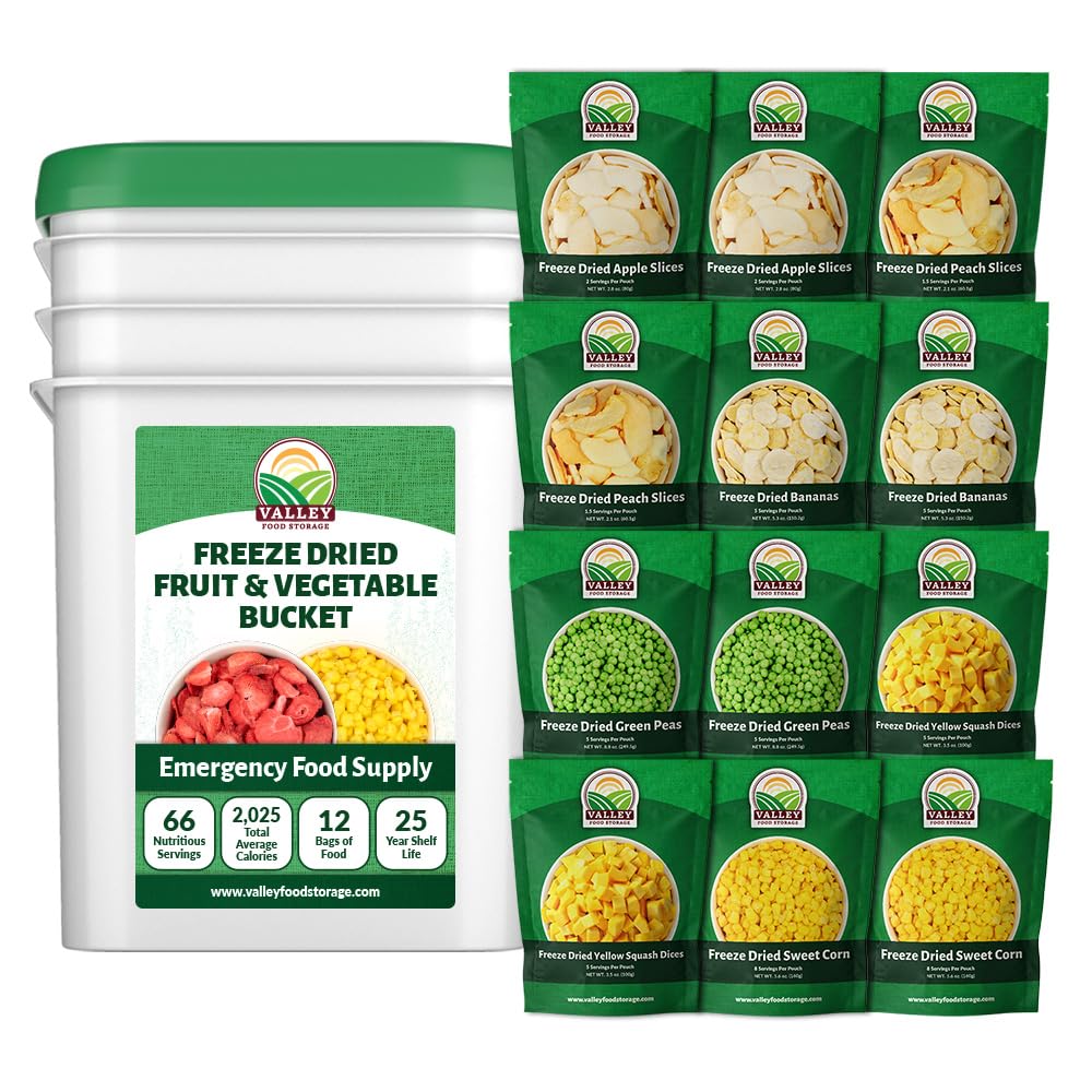 Freeze Dried Fruit Bucket, 12 Pouch | Premium Emergency Food Supply | Non-GMO Survival Food 25 Year Shelf Life | Camping Food, Backpacking Meals, Prepper Supplies | Valley Food Storage Packaged in USA