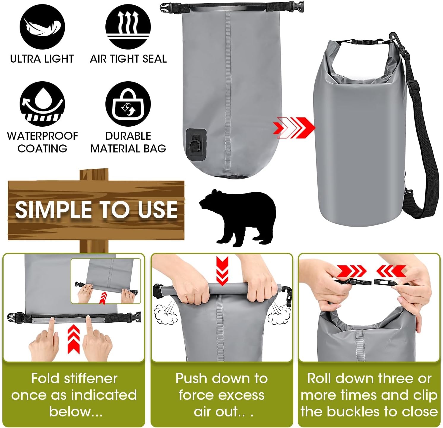 Ultralight Bear Food Bag Hanging System, 10L Waterproof Camping Bear Proof Food Storage Canister Bear Bags Gear Kit for Outdoor Backpacking,Safety Survival Bear Protection Bag with Pulley System-Grey