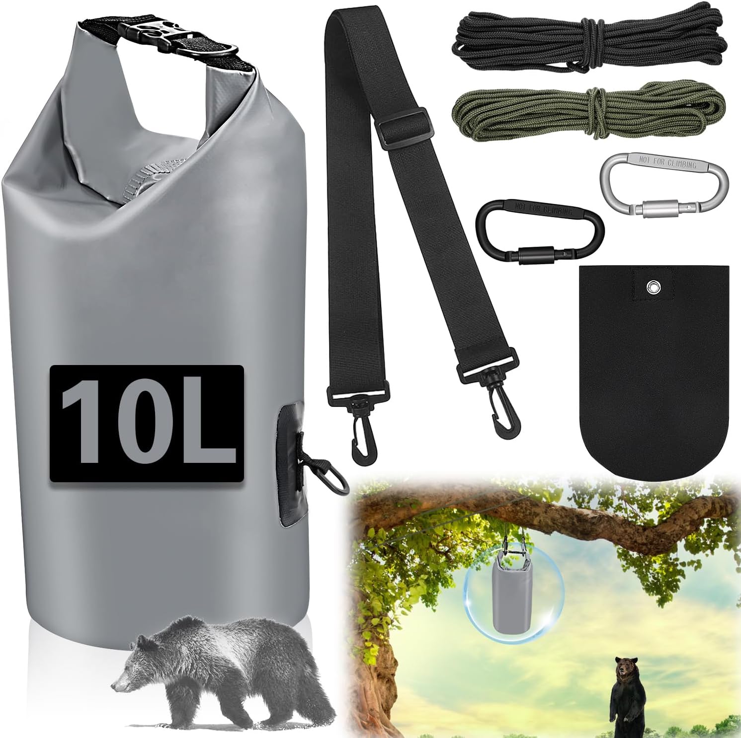 Ultralight Bear Food Bag Hanging System, 10L Waterproof Camping Bear Proof Food Storage Canister Bear Bags Gear Kit for Outdoor Backpacking,Safety Survival Bear Protection Bag with Pulley System-Grey