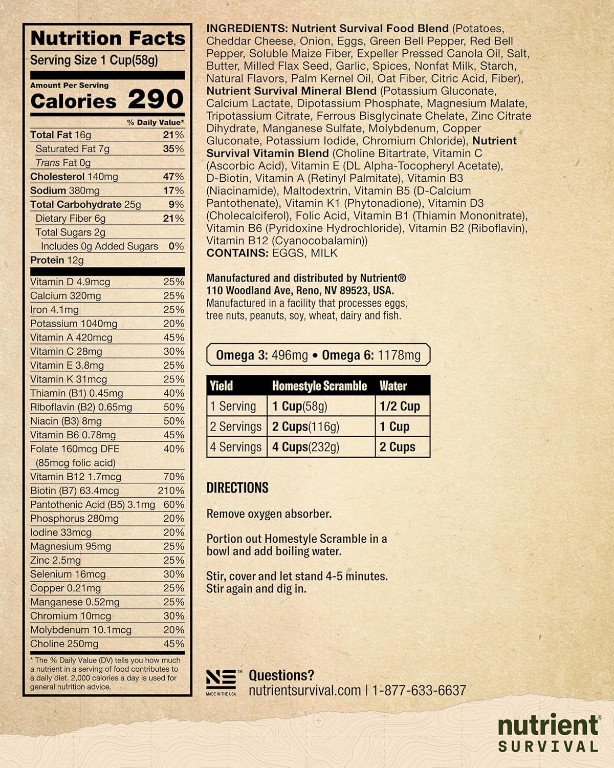 Nutrient Survival Vitamin Powdered Milk  MRE Homestyle Scramble Eggs, Ready to Eat Meal, Emergency Food Supply, Shelf Stable Up to 25 Years