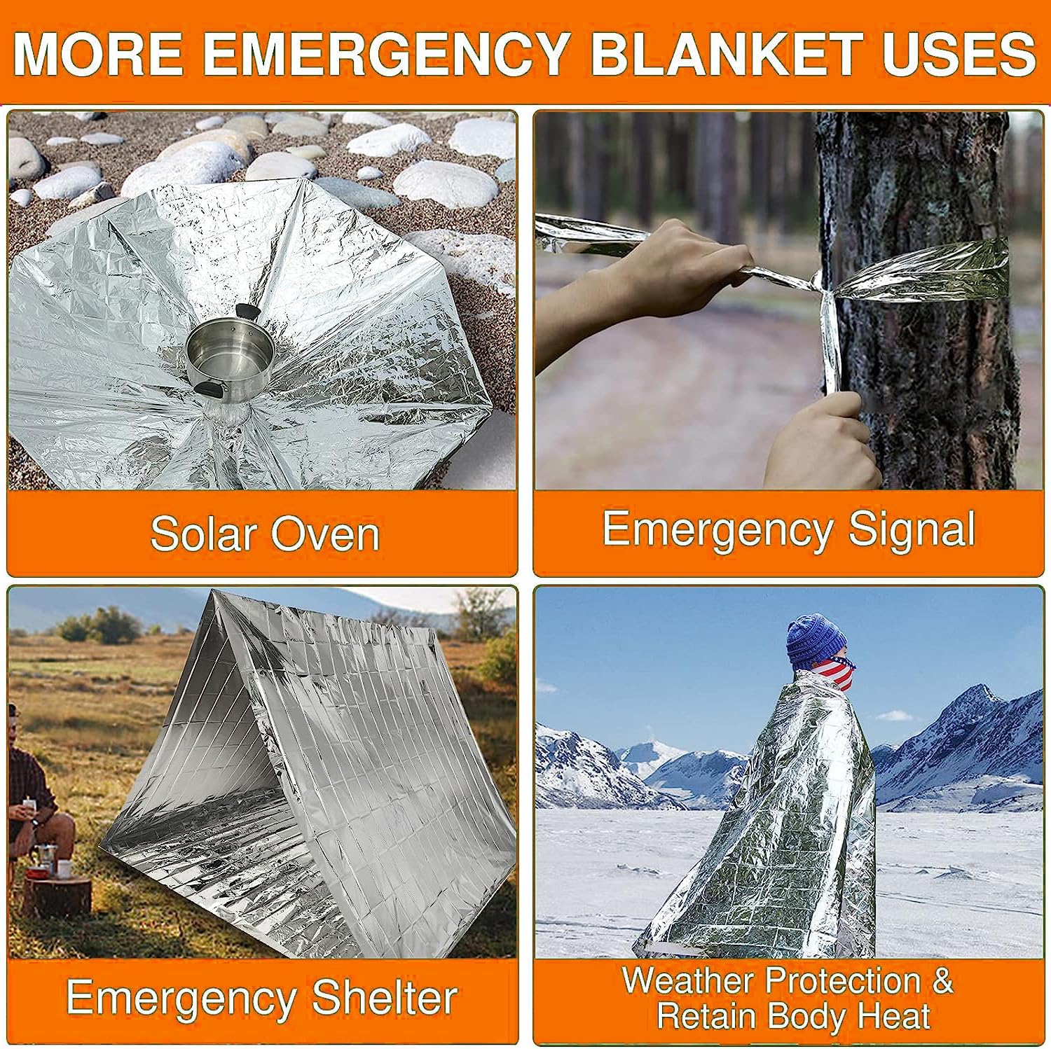 Emergency Mylar Thermal Blanket kit (Pack of 6), 52 Length x 84 Width, Silver Disposable Sheets for Travel