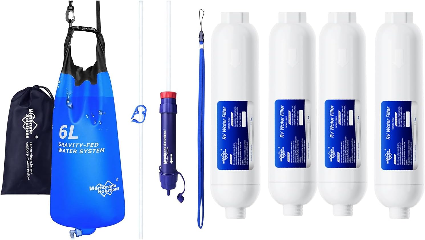 Membrane Solutions 4 Pack RV Water Filter and Gravity Water Filter Pro 6L, 0.1-Micron Versatile Water Purifier Survival Gear and Equipment for Group Camping Emergency