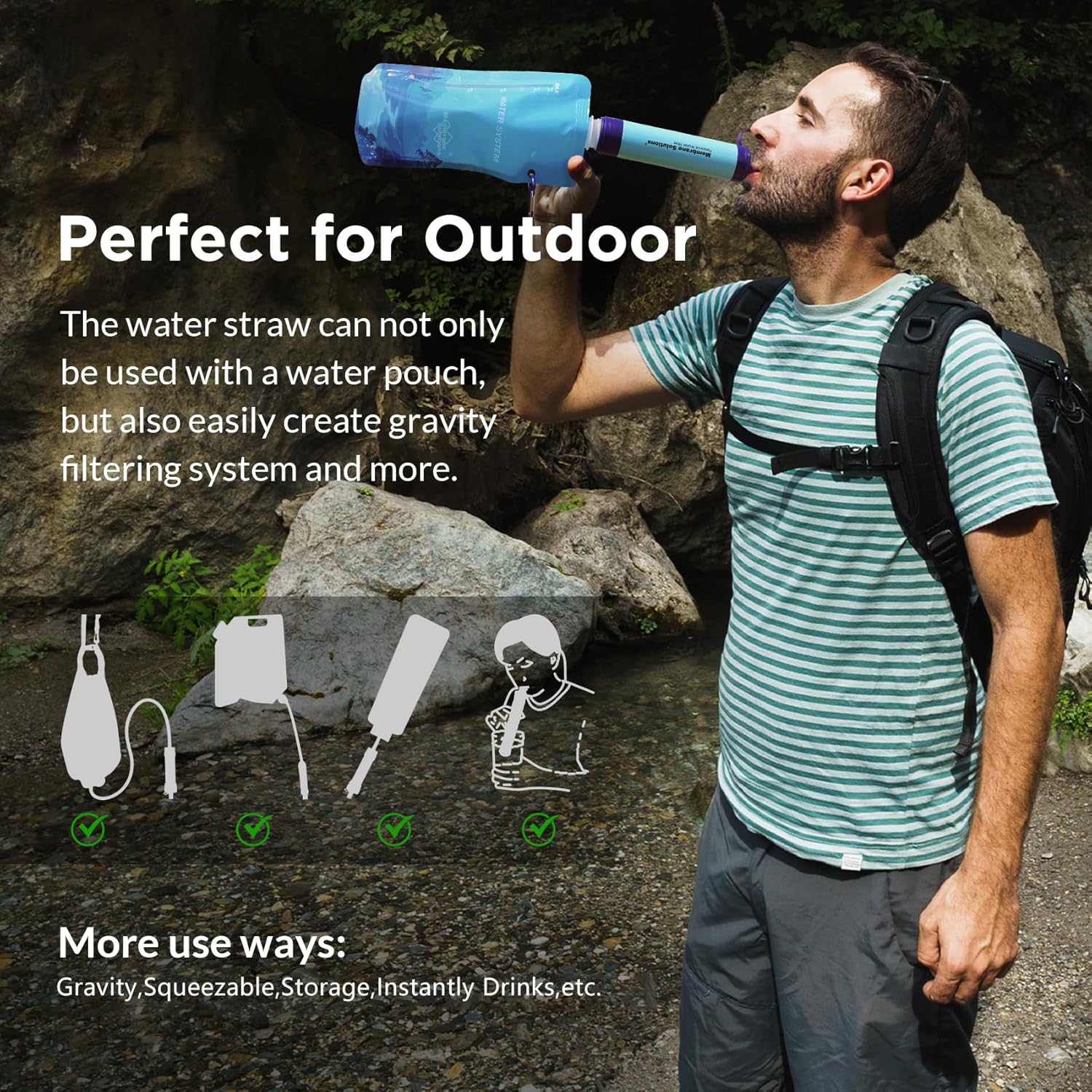 Membrane Solutions Squeezable Water Filtration System, Survival Water Purifier Kit, Portable Backpacking Gear Including Water Filter Straw and 23oz Collapsible Bottle for Hiking Camping Travel(7+4)