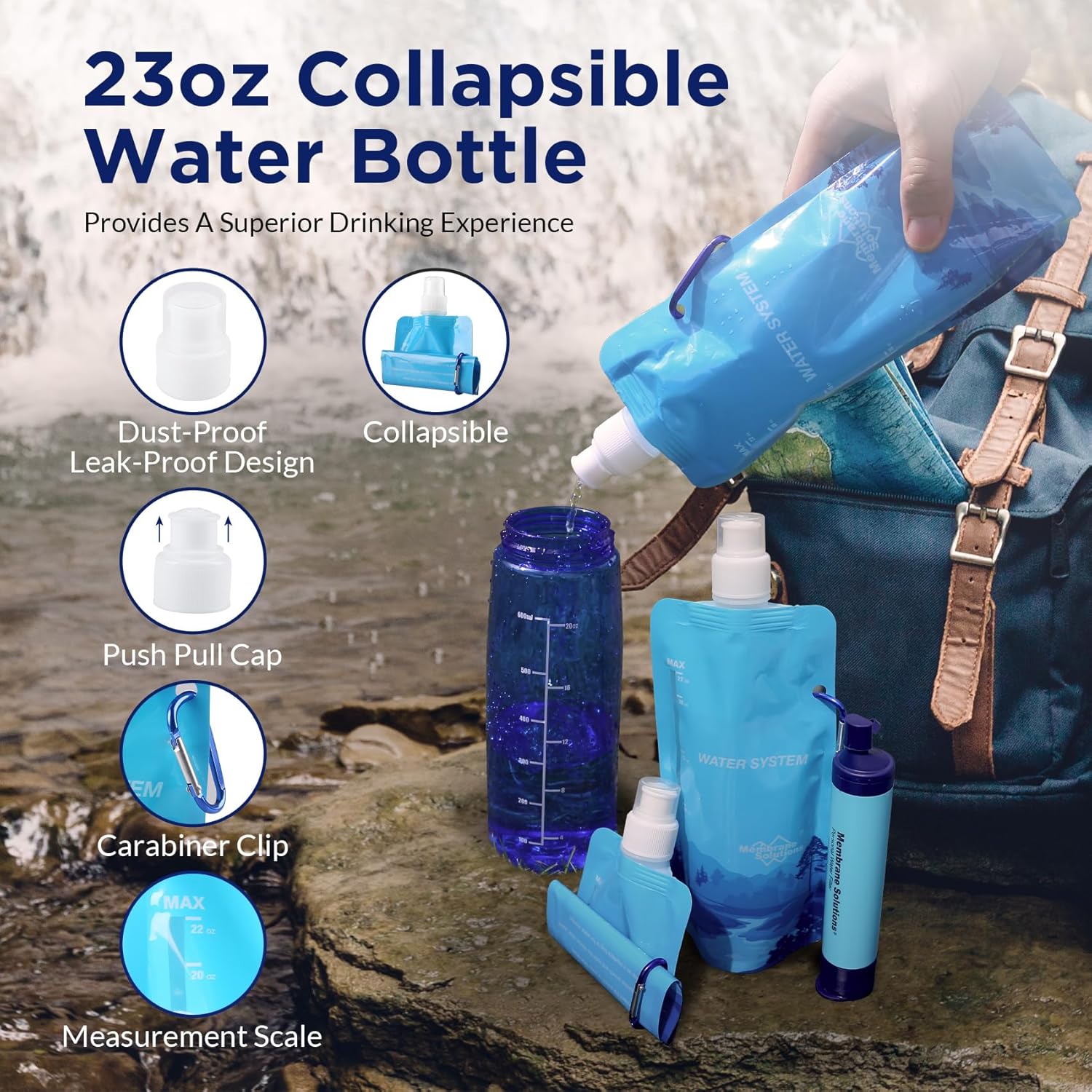 Membrane Solutions Squeezable Water Filtration System, Survival Water Purifier Kit, Portable Backpacking Gear Including Water Filter Straw and 23oz Collapsible Bottle for Hiking Camping Travel(7+4)
