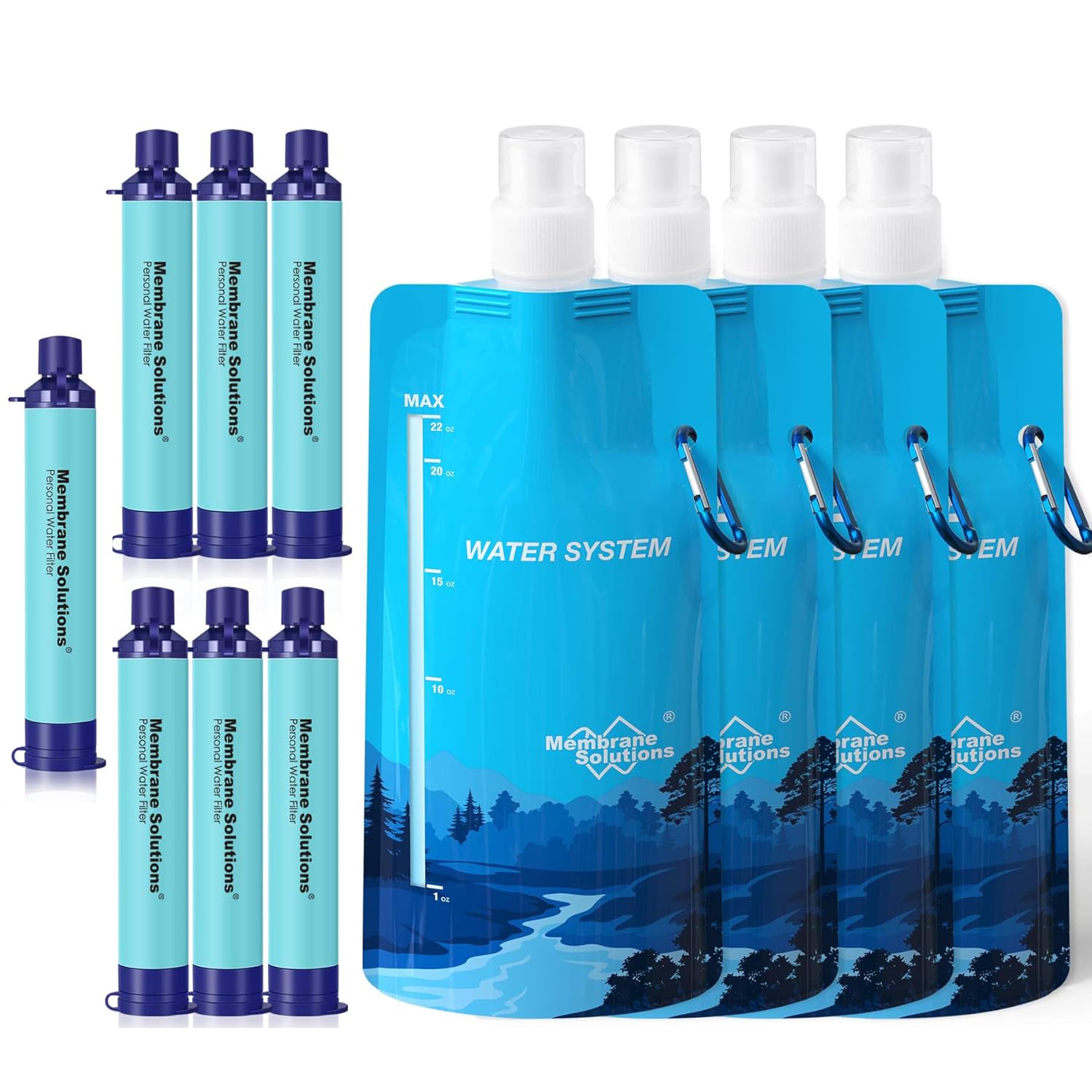 Membrane Solutions Squeezable Water Filtration System, Survival Water Purifier Kit, Portable Backpacking Gear Including Water Filter Straw and 23oz Collapsible Bottle for Hiking Camping Travel(7+4)
