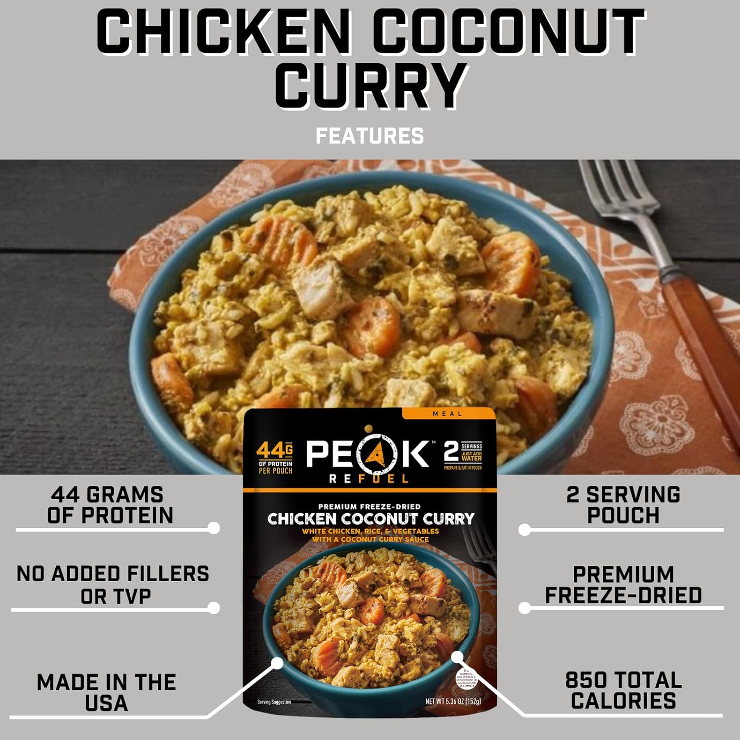 Peak Refuel Chicken Coconut Curry | Freeze Dried Backpacking and Camping Food | Amazing Taste  Quality | High Protein | Real Meat | Quick Prep (2 Serving Pouch)
