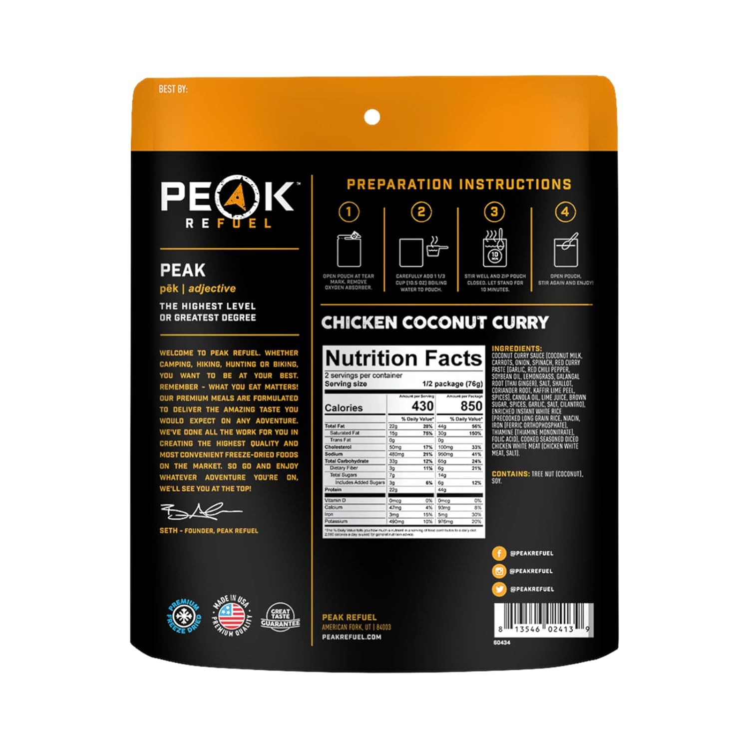Peak Refuel Chicken Coconut Curry | Freeze Dried Backpacking and Camping Food | Amazing Taste  Quality | High Protein | Real Meat | Quick Prep (2 Serving Pouch)