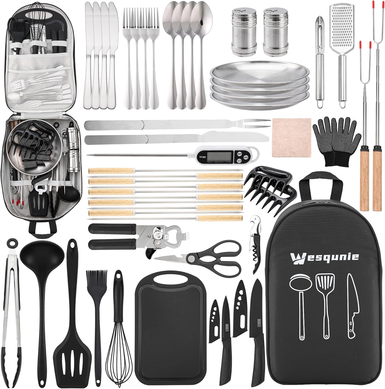 Camping Essentials Cookware Cooking Utensils Set - Portable Camp Kitchen Mess Kit Outdoor Accessories, Stainless Steel  Silicone, Camping Gear Equipment for RV Picnic Grill, Green Pro