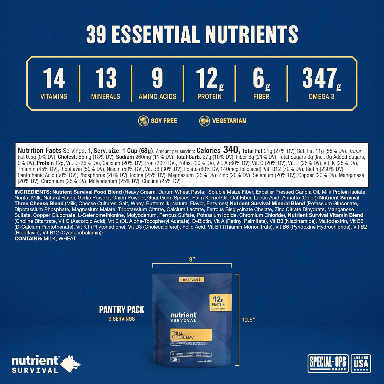 Nutrient Survival MRE Triple Cheese Mac, Ready to Eat Meals (9 Servings) Freeze Dried Prepper Supplies  Emergency Food Supply, 40 Essential Nutritients, Shelf Stable Up to 15 Years, Pantry Pack
