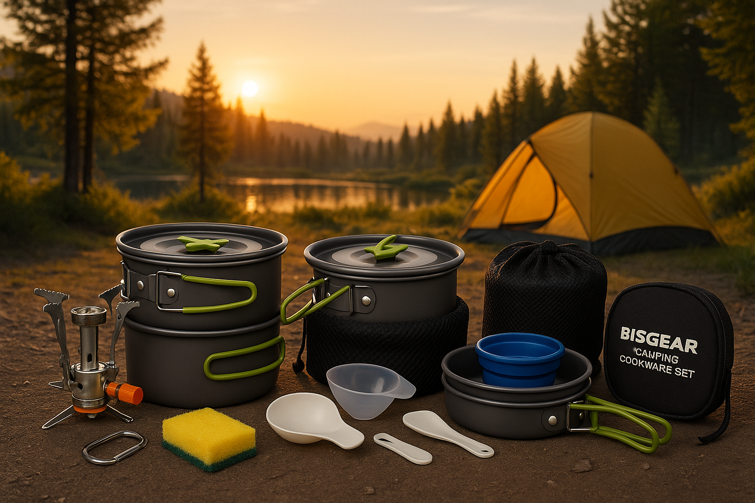 Bisgear 16pcs Camping Cookware Set - Backpacking Stove  Mess Kit - Pots, Pans  Accessories - Survival Gear