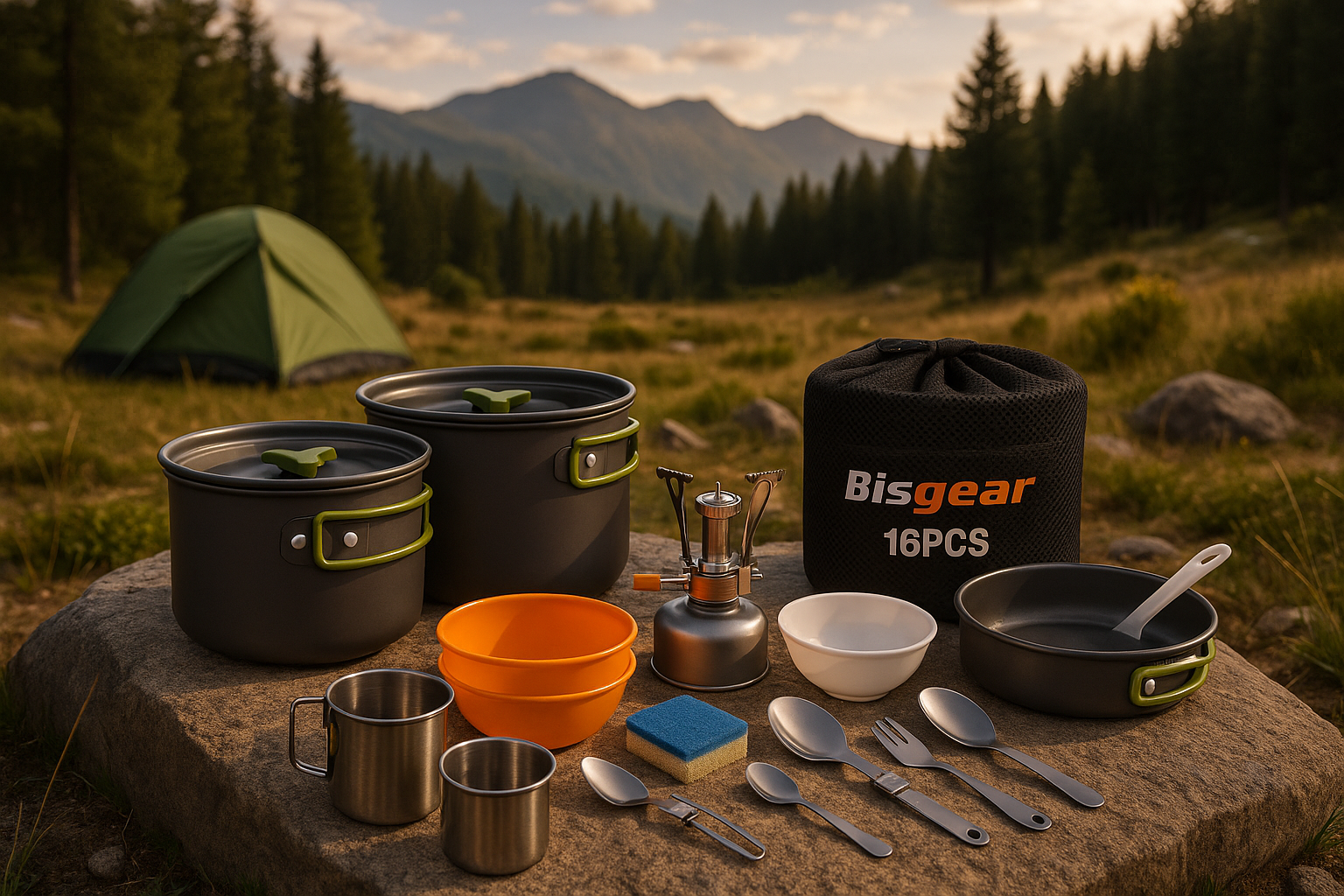 Bisgear 16pcs Camping Cookware Set - Backpacking Stove  Mess Kit - Pots, Pans  Accessories - Survival Gear