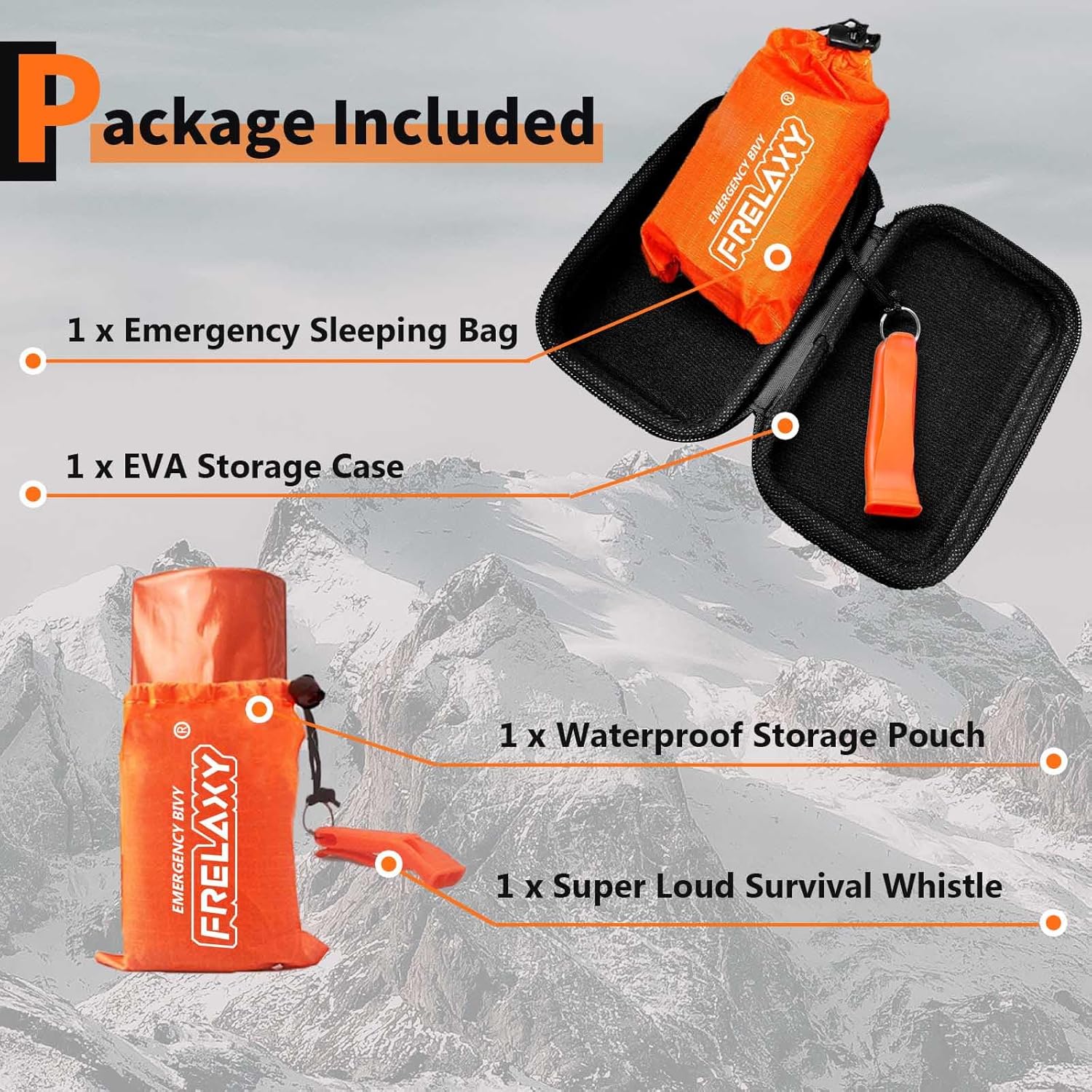 Frelaxy Emergency Sleeping Bag 1-Pack/2-Pack, Extra-Thick Compact Survival Bivy with Whistle, Storage Pouch, and EVA case, Perfect for Survival Kits (Orange - Pack)