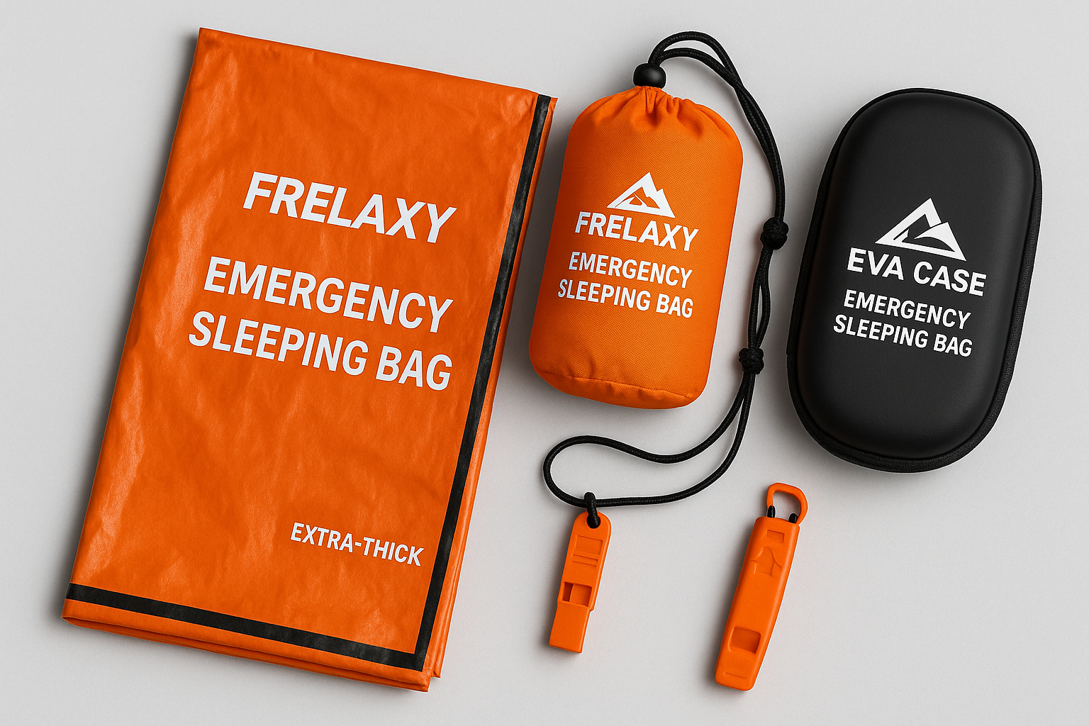 Frelaxy Emergency Sleeping Bag 1-Pack/2-Pack, Extra-Thick Compact Survival Bivy with Whistle, Storage Pouch, and EVA case, Perfect for Survival Kits (Orange - Pack)