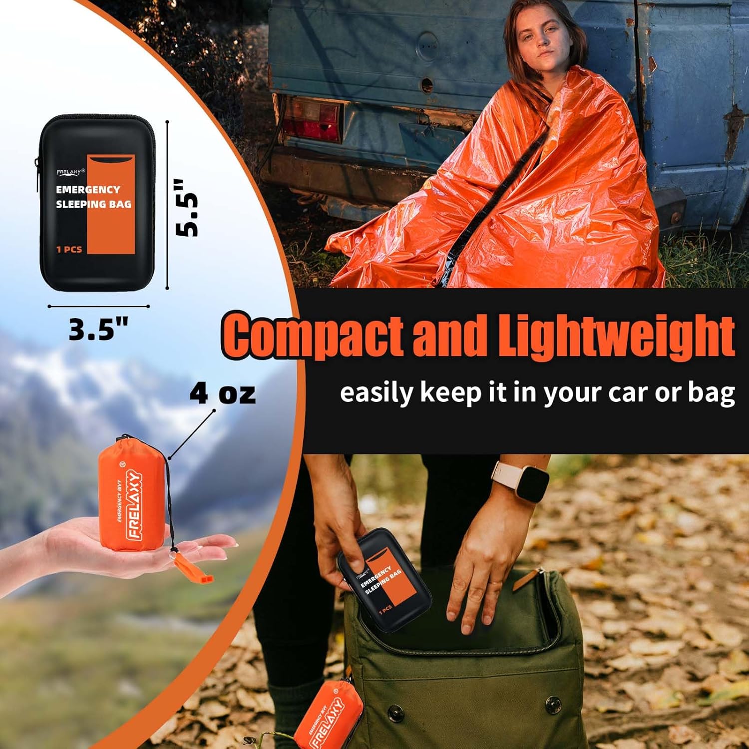 Frelaxy Emergency Sleeping Bag 1-Pack/2-Pack, Extra-Thick Compact Survival Bivy with Whistle, Storage Pouch, and EVA case, Perfect for Survival Kits (Orange - Pack)