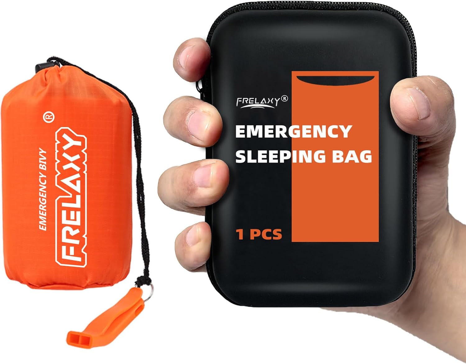 Frelaxy Emergency Sleeping Bag 1-Pack/2-Pack, Extra-Thick Compact Survival Bivy with Whistle, Storage Pouch, and EVA case, Perfect for Survival Kits (Orange - Pack)