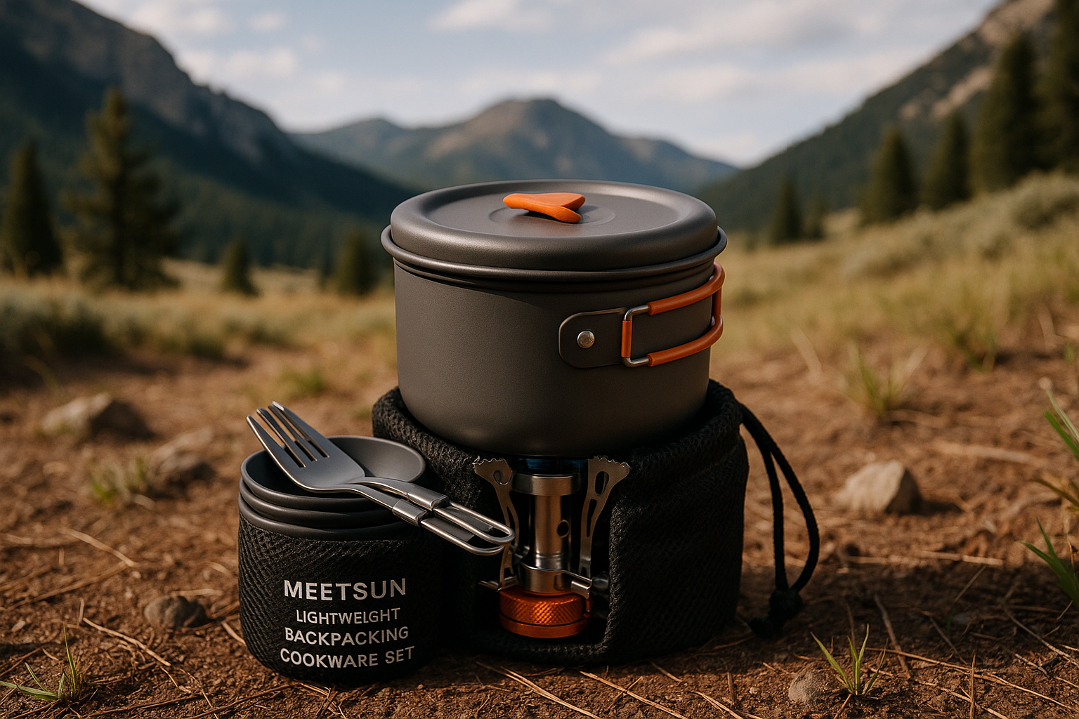 MEETSUN Lightweight Backpacking Cookware Set, Aluminum Camp Cooking Set with 1L Pot,Camping Mess Kit for with Folding Tableware Perfect for Backpacking Stove Kit,Outdoor,Hiking,Survival,Emergency.