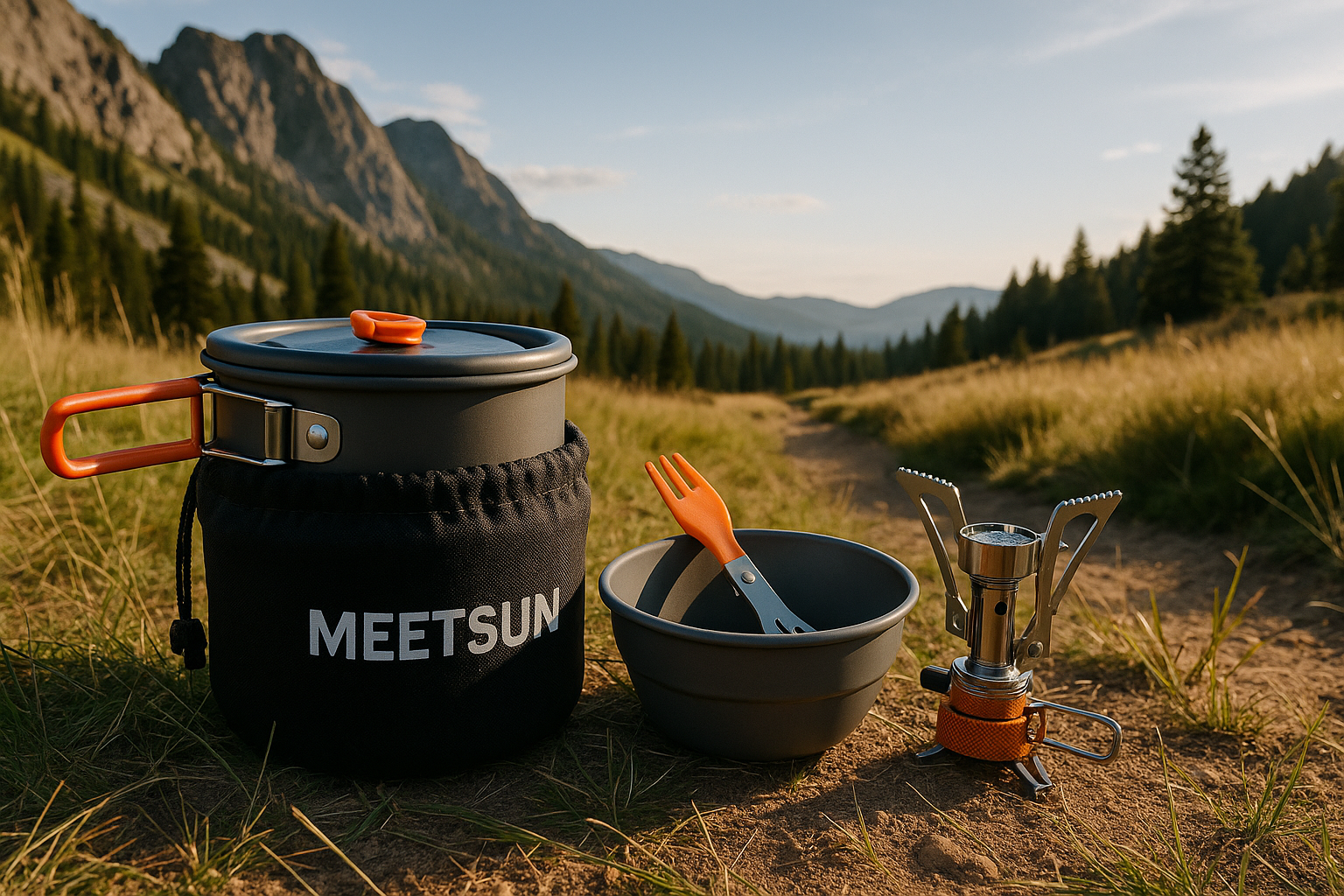 MEETSUN Lightweight Backpacking Cookware Set, Aluminum Camp Cooking Set with 1L Pot,Camping Mess Kit for with Folding Tableware Perfect for Backpacking Stove Kit,Outdoor,Hiking,Survival,Emergency.