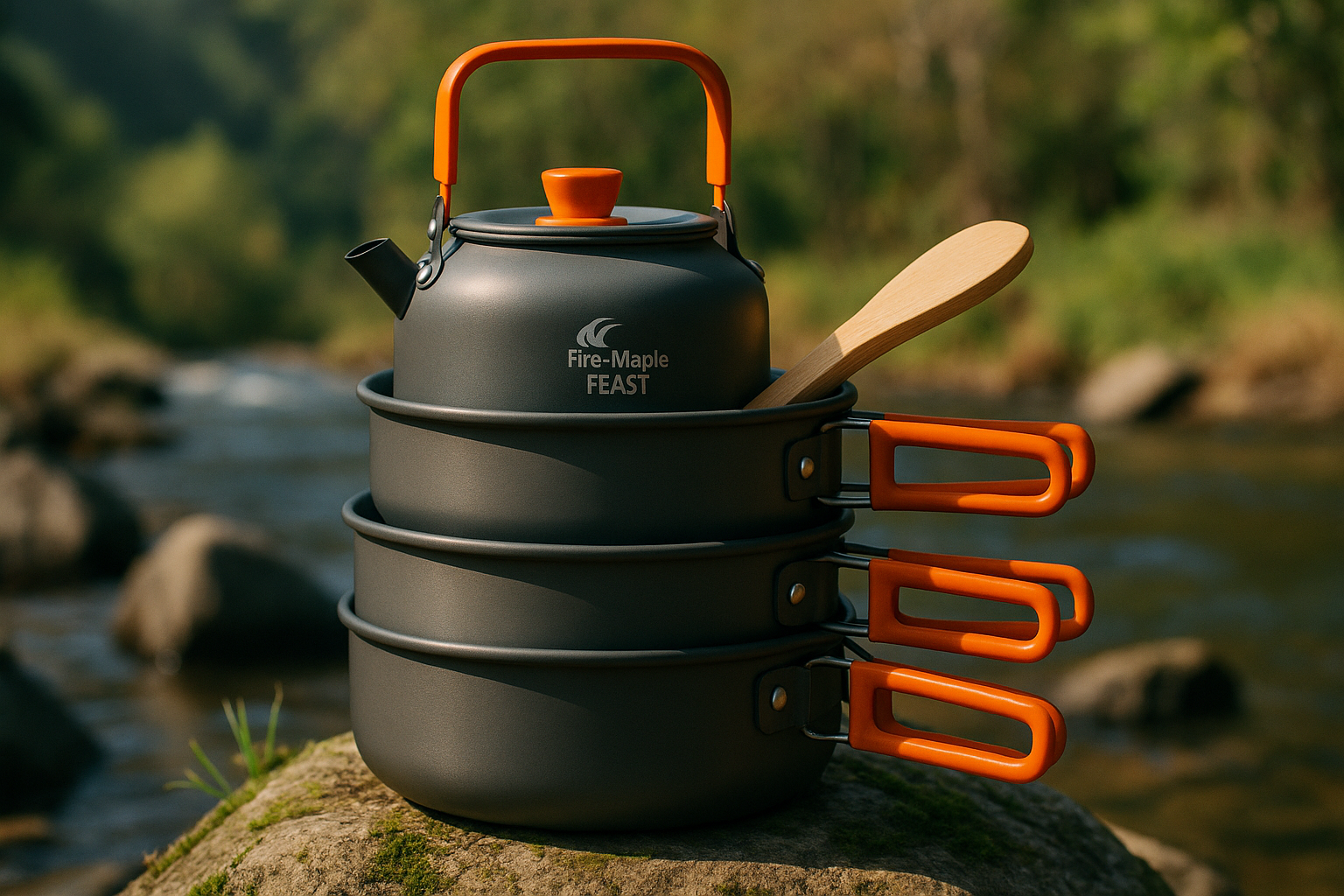 Fire-Maple Feast Outdoor Camping Cookware Set, Portable Stackable Cooking Pot and Pan Kit with Kettle, Saucepans and Spatula for Hiking, Fishing and Backpacking